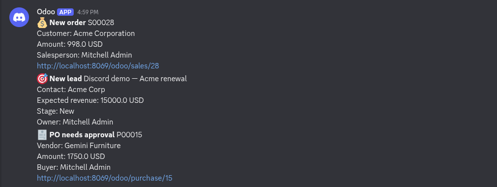 Odoo sales orders, leads and project tasks delivered to a Discord channel