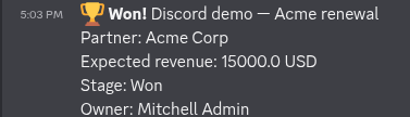 A CRM lead moved to Won with expected revenue in Discord