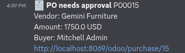 An over-threshold purchase order approval request in Discord