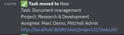 A project task stage-change notification in Discord